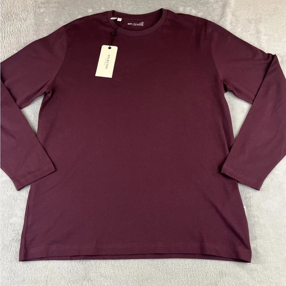 Selected Homme Mens burgundy long sleeve crew neck tshirt size Medium